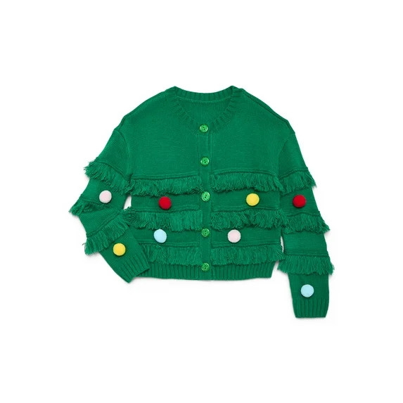 Holiday Time Girls Fringe Cardigan Sweater with 3D Trim, Sizes 4-18 & Plus | Walmart (US)