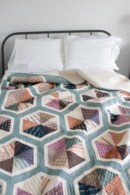Triangle Hexies quilt using Fableism Wovens.  Quilted by Modern Textiles.  Quilt pattern by Quilty Love.  