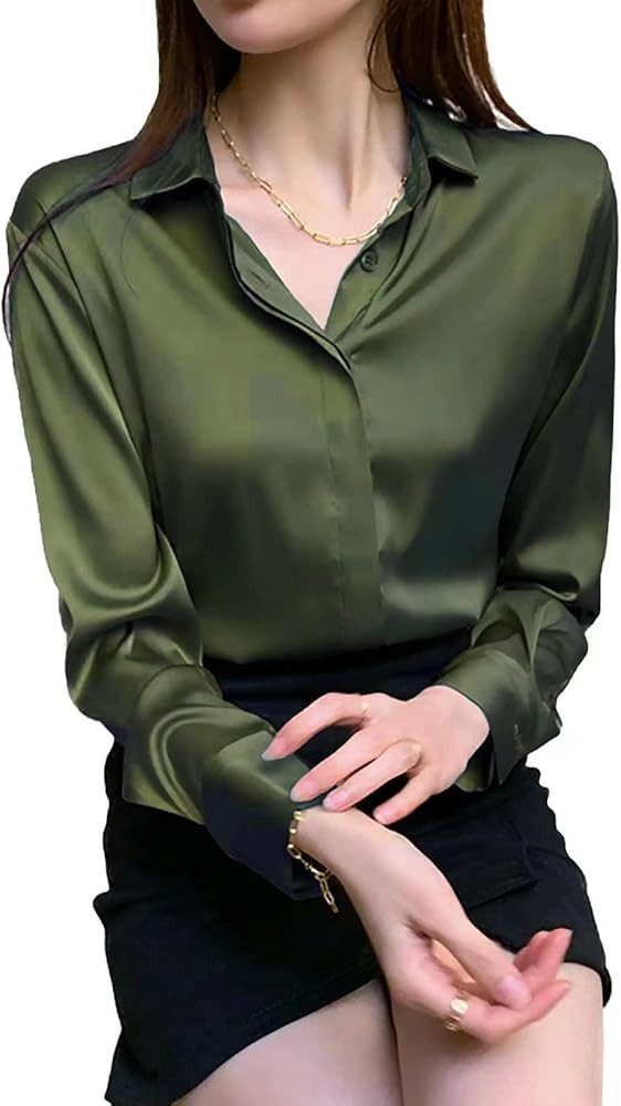 Women's Satin Blouse Fashion Long Sleeve Satin Silk Shirt Work Office Top Casual Shirt | Amazon (US)