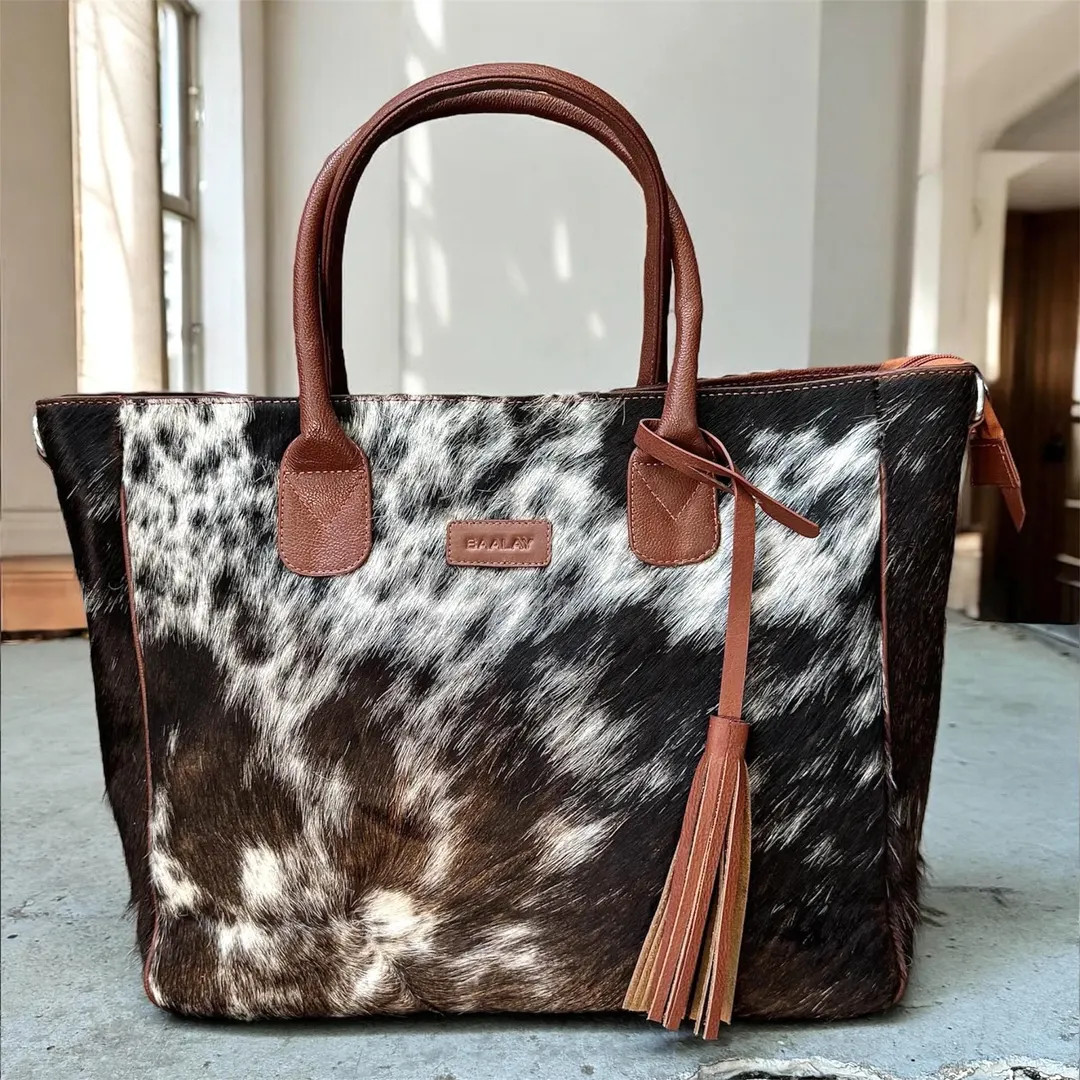 Cowhide Tote Bag | Western Handbag Purse Real Hair-on Leather | Large Tricolor Cow Print Shoulder... | Etsy (US)