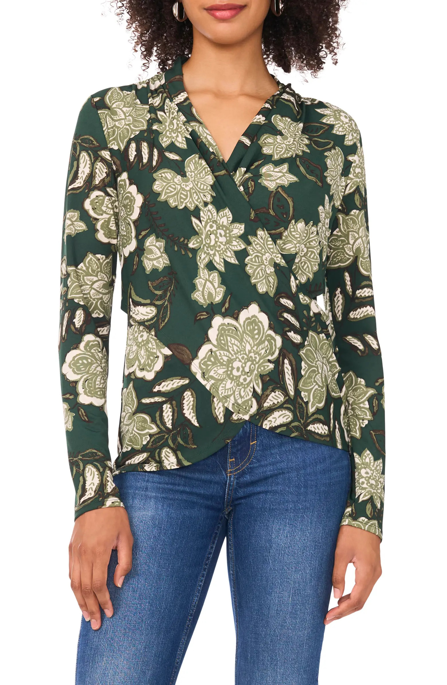 Vince Camuto Floral Print Long Sleeve Faux Wrap Top | Nordstrom | Nordstrom
