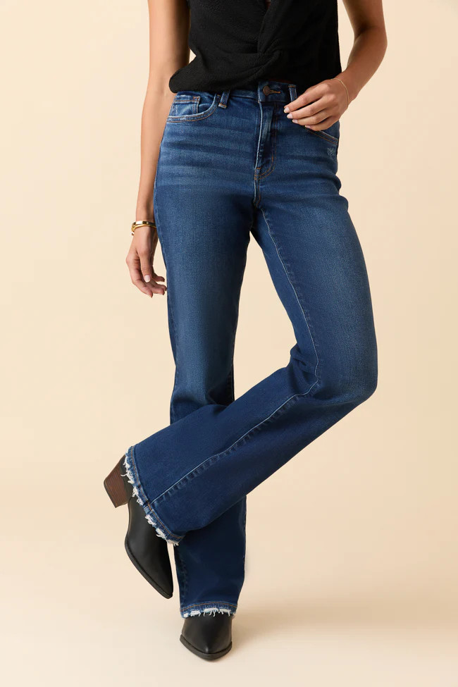 Delaney Dark Wash Relaxed Flare Jeans | Pink Lily