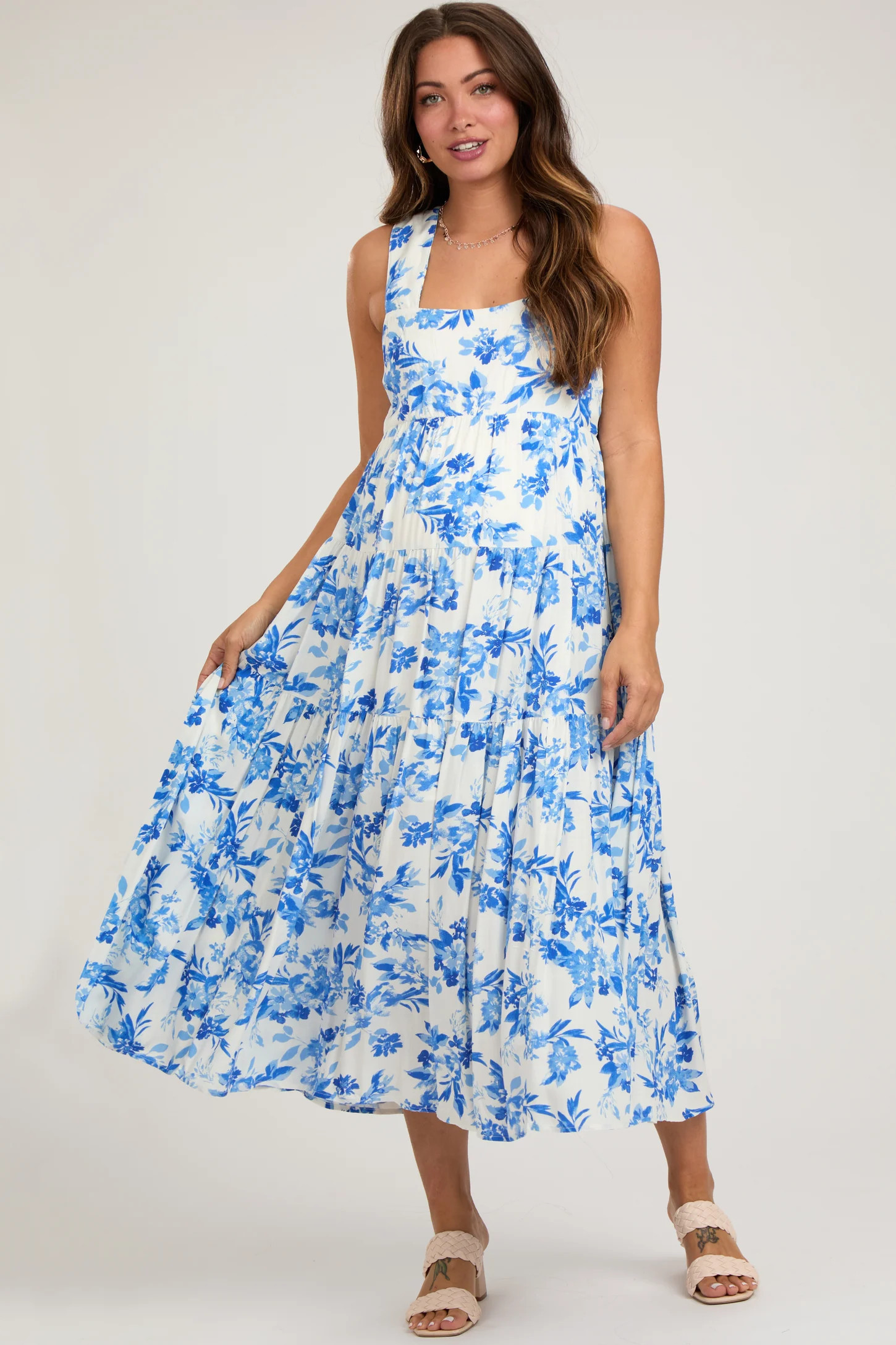 Blue Floral Sleeveless Tiered Maternity Maxi Dress | PinkBlush Maternity