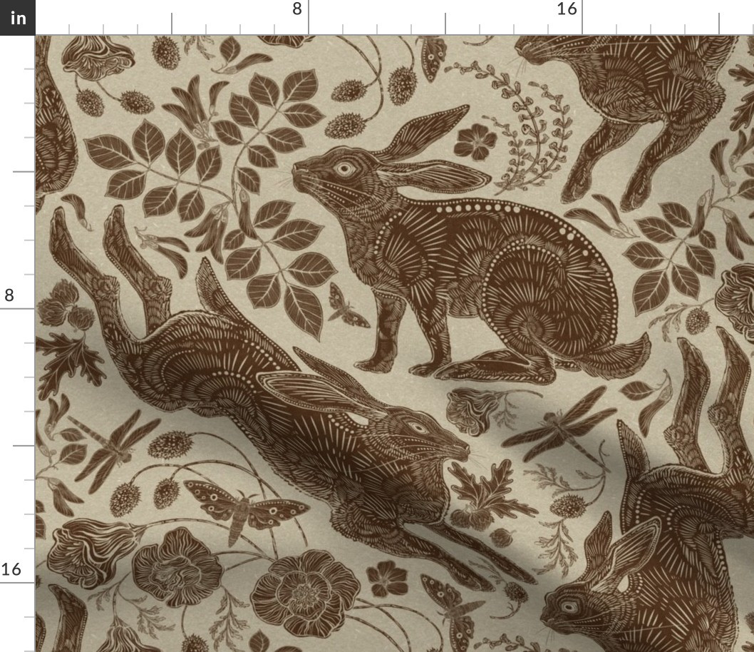 Rabbit on Linen Chocolate Fabric bysilver_steer_design | Spoonflower