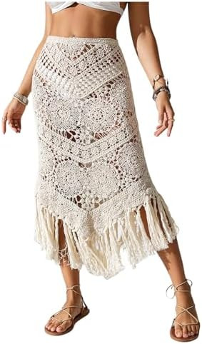 GORGLITTER Women's Crochet Beach Skirt Hollow Out Fringe High Waisted Bathing Suit Cover Up | Amazon (US)