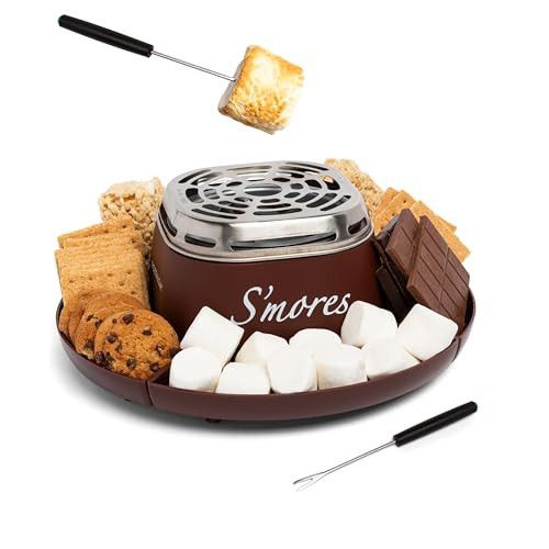 Nostalgia Tabletop Indoor Electric S'mores Maker - Smores Kit With Marshmallow Roasting Sticks and 4 Trays for Graham Crackers, Chocolate, and Marshmallows - Movie Night Supplies - Brown | Amazon (US)