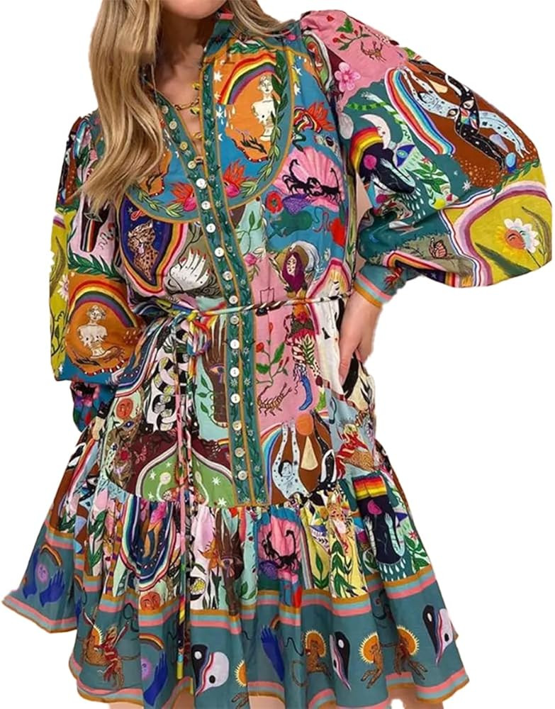 Melliflo Womens Long Puff Sleeve Colorful Graffiti Dress Boho Floral Flowy Dress Button Down Wais... | Amazon (US)