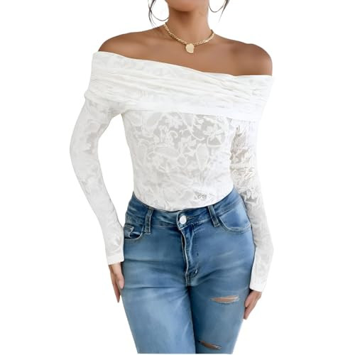 Women\u2019s Off Shoulder Lace Ruched Tops Long Sleeve Slim Fit Blouses Shirts 2026 Going Out T-S... | Amazon (US)