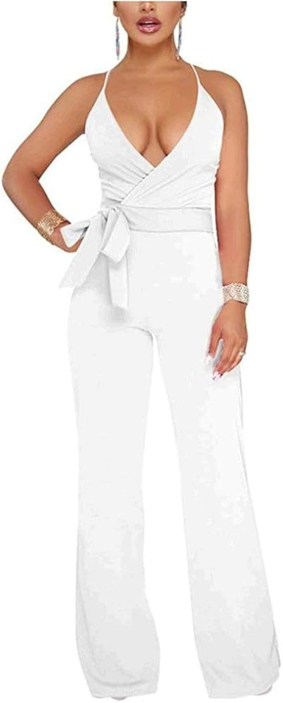 Aro Lora Women's Sexy V Neck Sleeveless Backless Long Wide Leg Pant Jumpsuit Romper | Amazon (US)