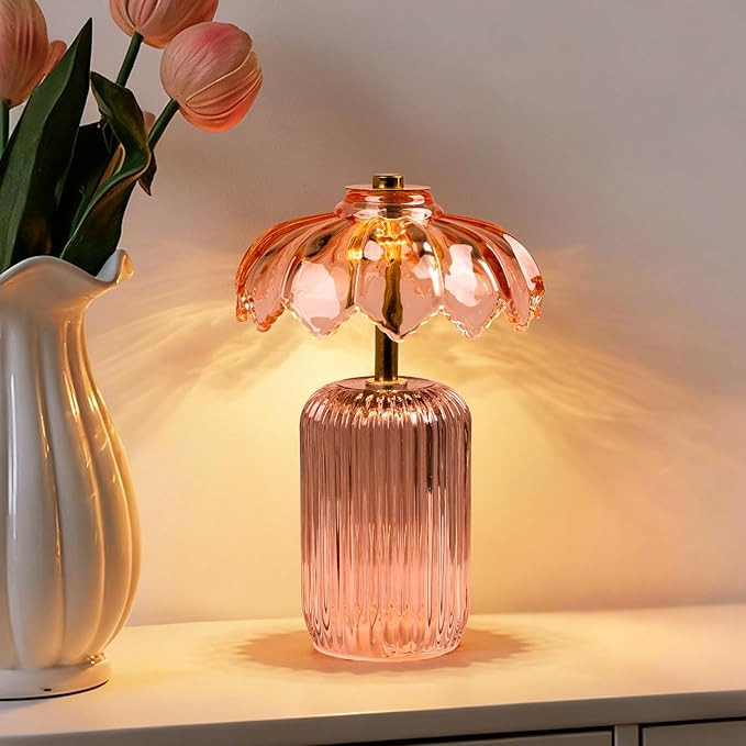 MJ PREMIER Cordless Lamp, Battery Operated Lamp with Timer, Crystal Glass Flower Lampshade, Small... | Amazon (US)