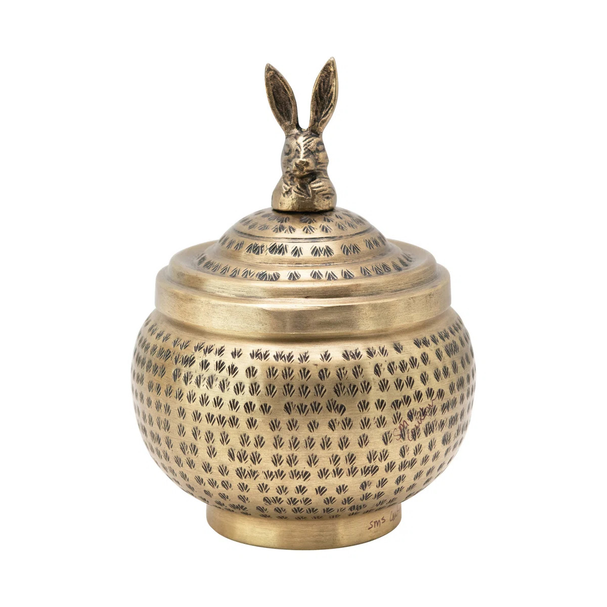 Feliberto Round Hammered Metal Container with Rabbit Finial | Wayfair North America