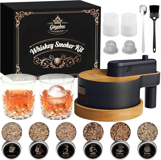 Whiskey Smoker Kit with Built-in Lighter, 6 Flavors Wood Chips, 2 Glasses, 2 Ice Ball Molds, Old ... | Amazon (US)