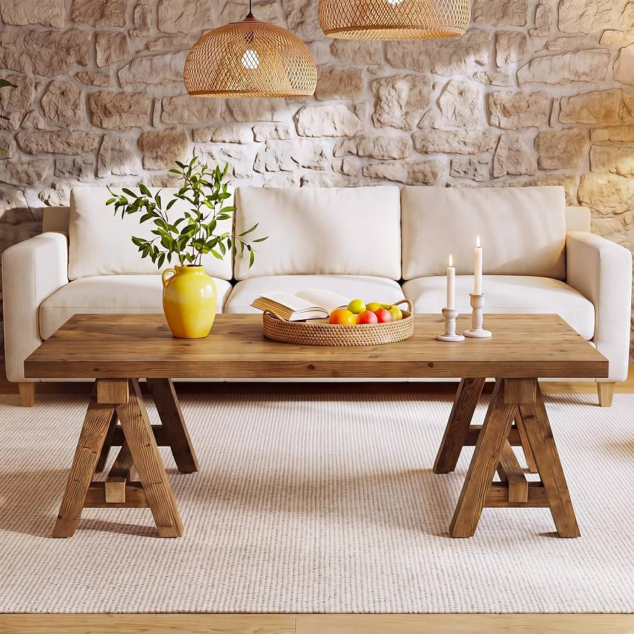 Solid Wood Coffee Table, 47" Rustic Farmhouse Center Table, Natural Wood Rectangular Coffee Tea A... | Amazon (US)