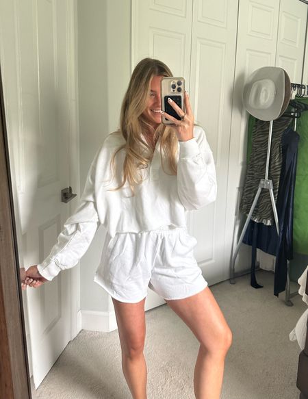 Aerie cropped open neck hoodie. Aerie high waisted on my way shorts. White matching set. #aerie #aeriehaul #springfashion #springstyle #summerstyle #summerfashion #tryonhaul #tryon #tryonwithme #trendyoutfits #trendyclothes #styleinspo #trending #currentfashiontrend #fashiontrends #2024trends #aerienewarrivals 

#LTKsalealert #LTKstyletip #LTKfindsunder50