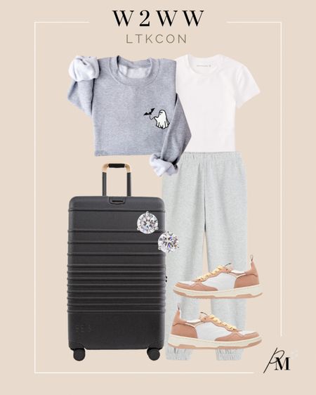 my LTKCon travel look:
etsy ghost sweatshirt (medium)
abercrombie tee (sized up one to sm)
h&m joggers (tts, xs)
steve madden sneakers (sized up 1/2)
large beis suitcase

#LTKCon