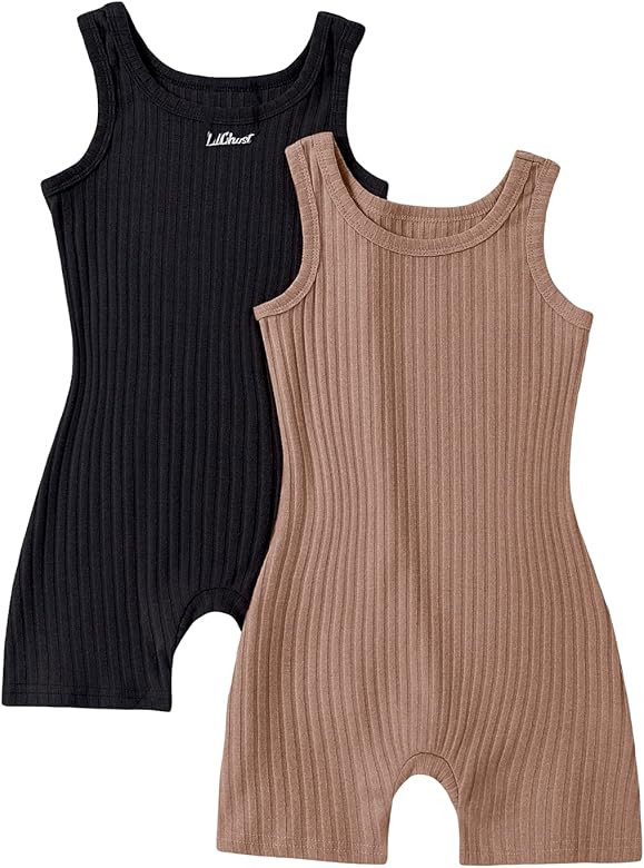 MakeMeChic Girl's 2pack Sleeveless Romper Summer Short Jumpsuit Scoop Neck Ribbed Kint Rompers | Amazon (US)