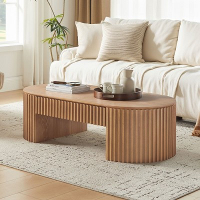 Oval Coffee Table Relief Cocktail Table Center Table Minimalist Accent Table Sofa Side Table with Drawer, Oak - ModernLuxe | Target