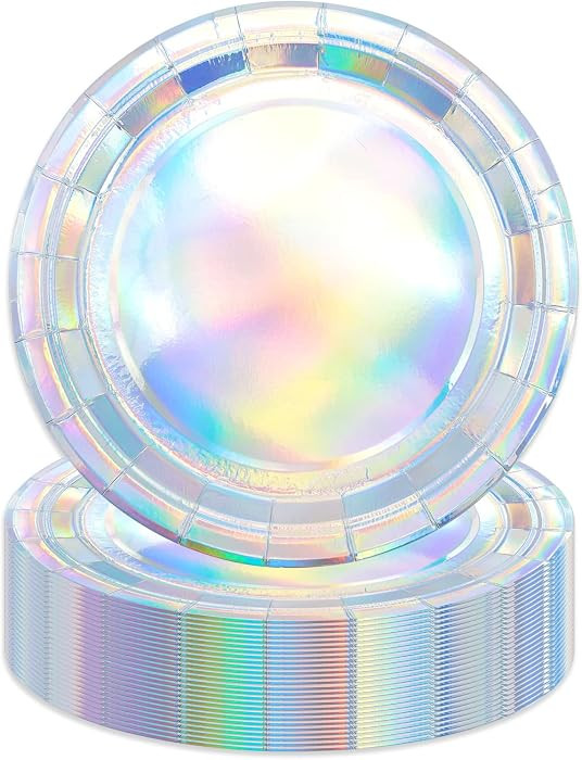 50PCS Iridescent Party Paper Plates, 7 Inch Holographic Dessert Plates | Amazon (US)