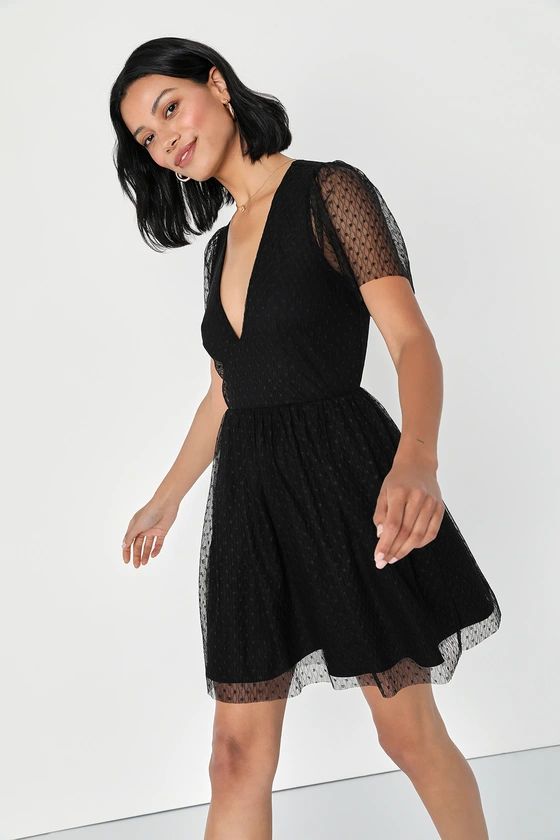 Radiating Chic Black Mesh Swiss Dot Short Sleeve Mini Dress | Lulus (US)