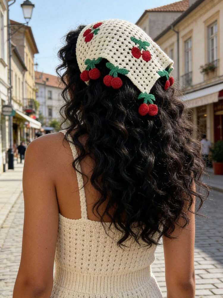 1pc Fashionable Sweet Cute Bandana Beige Hollow Knit Cherry Print Triangular Scarf Summer Hair Ac... | SHEIN