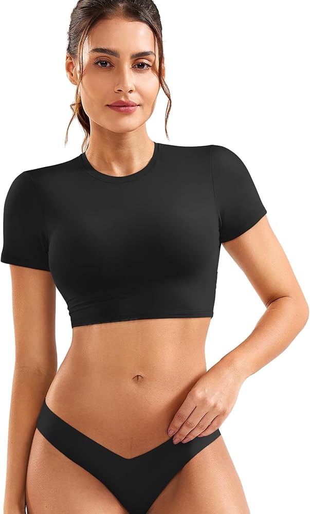 YEOREO Short Sleeve T Shirt for Women Double Lined Crop Top Crew Neck Workout Tee Colin Slim Fit ... | Amazon (US)