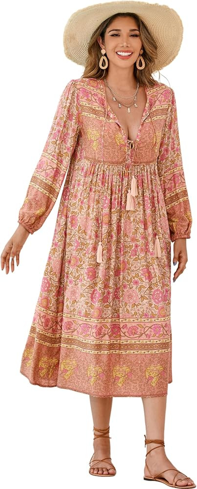 R.Vivimos Women's Long Sleeve Casual Boho Floral Midi Dresses | Amazon (US)