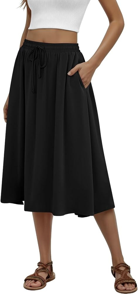 Women's Midi Skirt Summer Pleated Flowy Elastic High Waisted Skirts with Pockets | Amazon (US)