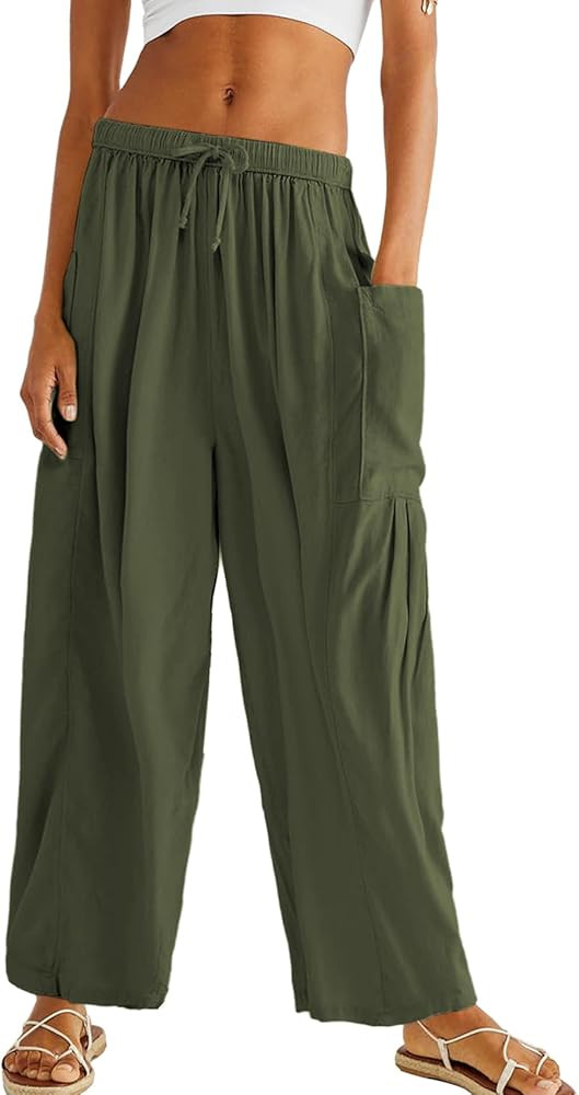 Duyang Women Linen Wide Leg Pants Casual Summer Palazzo Pants Beach Vacation Outfits Flowy Loose ... | Amazon (US)