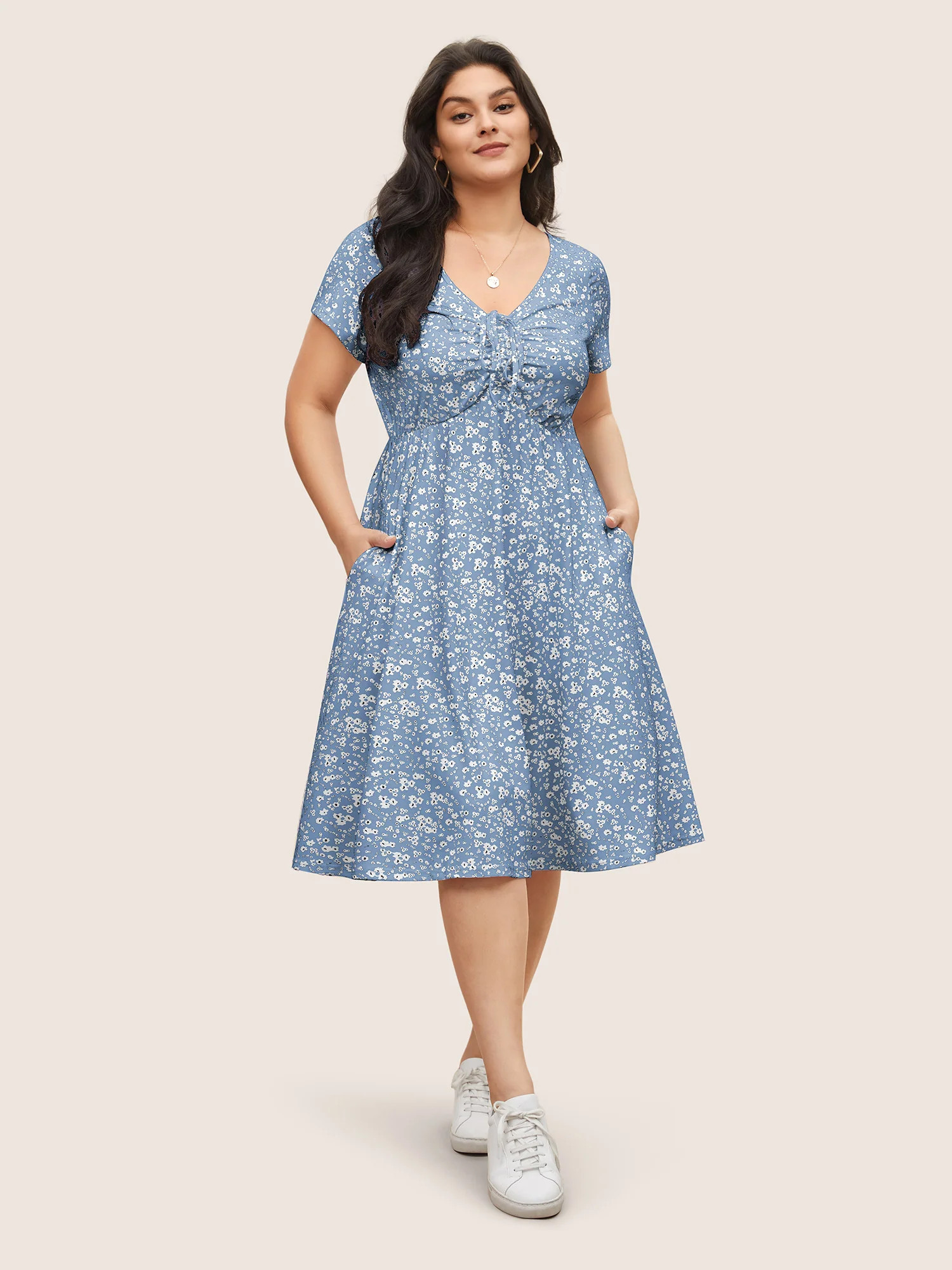 Ditsy Floral Elastic Waist Knot Drawstring Dress | Bloomchic