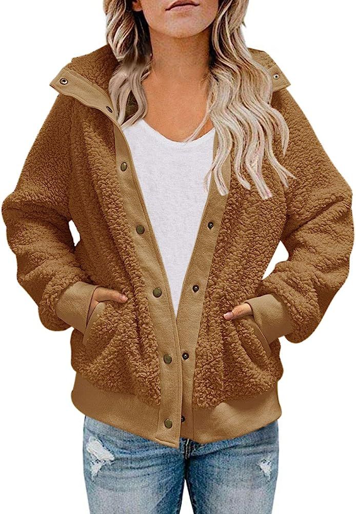 MEROKEETY Womens Winter Long Sleeve Button Sherpa Jacket Coat Casual Warm Fleece | Amazon (US)