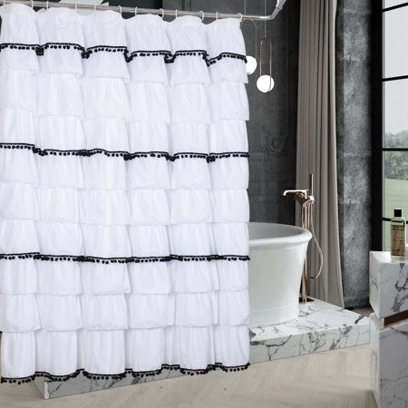Homechoice White Handmade Ruffle with Black POM POM Shower Curtain - Farmhouse Fabric Cloth - Quick- | Walmart (US)