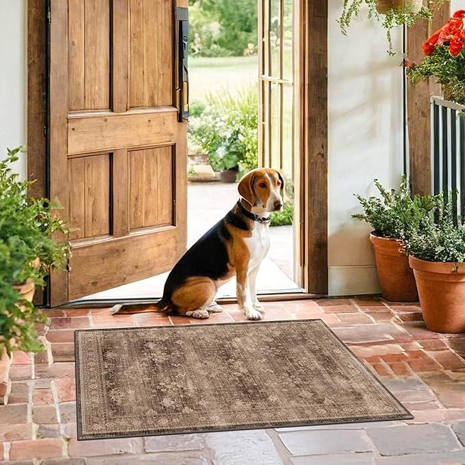 Boho Taupe Brown 2x3 Entryway Rug - Modern Vintage Traditional Eclectic Oriental Neutral, Washabl... | Amazon (US)