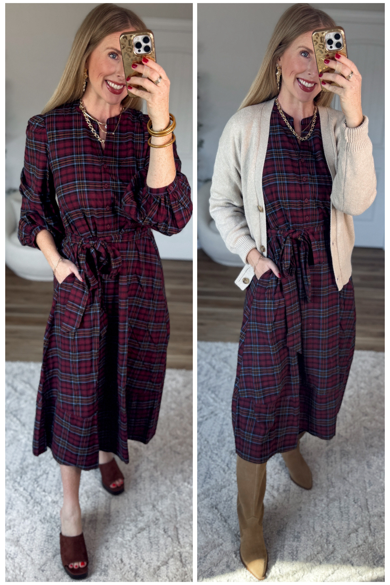 2 ways to wear this plaid midi dress from Walmart!