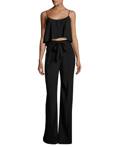 Sleeveless Belted Jersey Popover Jumpsuit, Black | Neiman Marcus