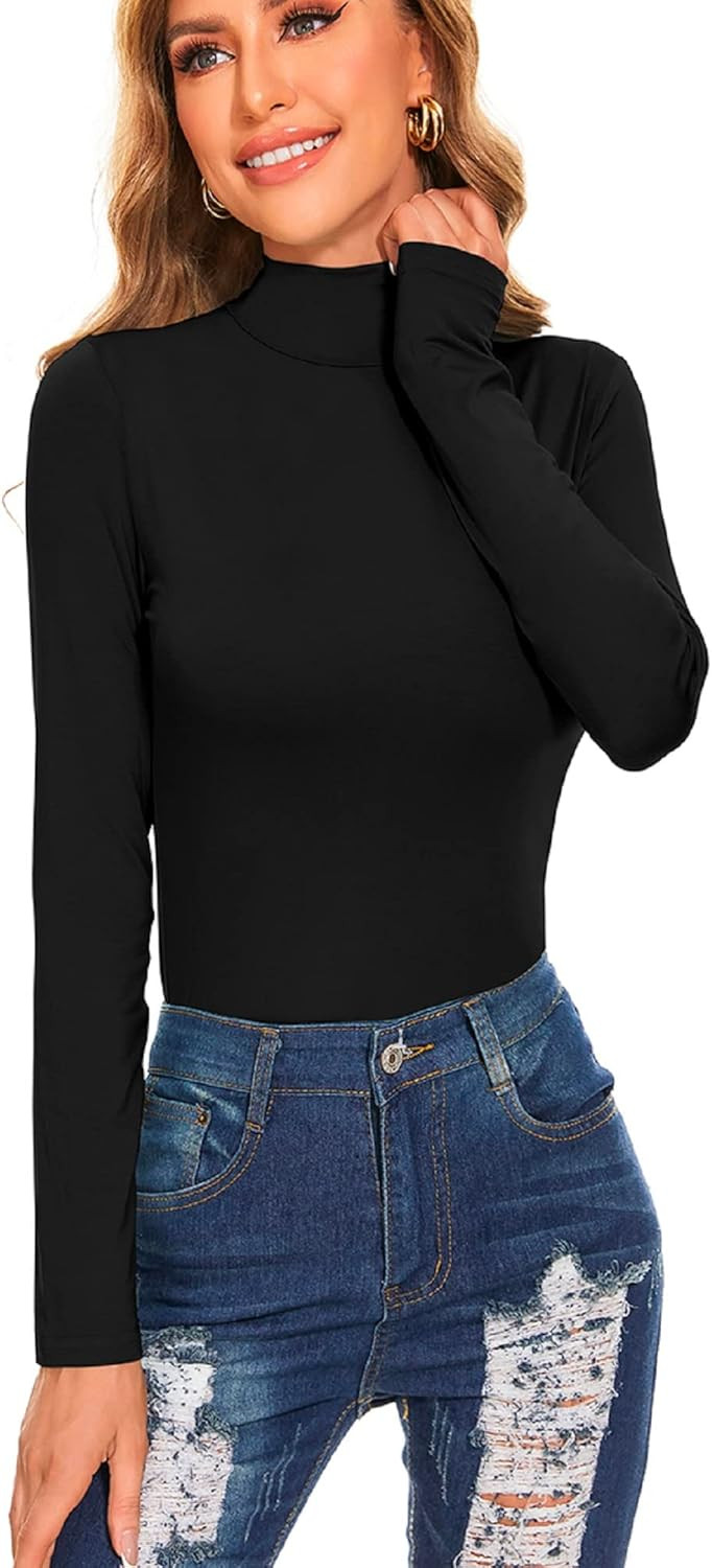 Women's Long Sleeve Mock Turtleneck Tops Casual Slim Fitted Under Layer Shirts | Amazon (US)