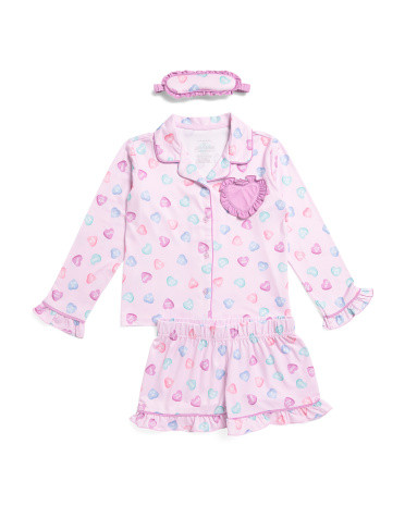2pc Girls Conversation Hearts Ruffled Pajama Set With Eye Mask | TJ Maxx