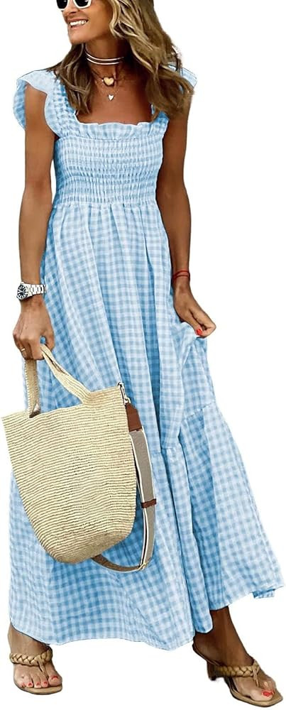 ebossy Women's 2025 Fashion Plaid Dress Sleeveless Smocked Ruffle Pleated Boho Party Beach Gingha... | Amazon (US)