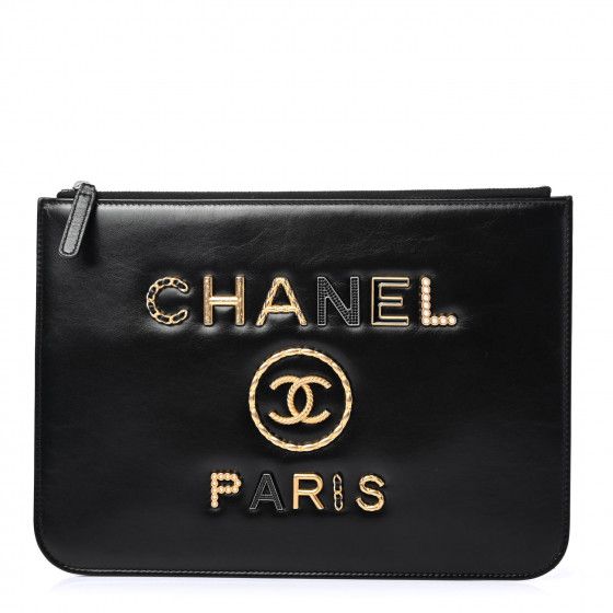 CHANEL Shiny Calfskin Crystal Pearl Logo Cosmetic Case Black | Fashionphile