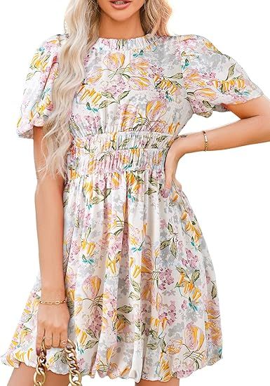 Dokotoo Womens Boho Dresses Crewneck Puff Sleeve Tie Back Smocked Empire Waist Beach Floral Mini ... | Amazon (US)