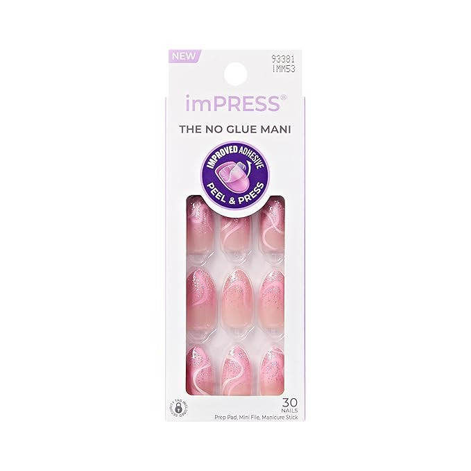 KISS imPRESS No Glue Mani Press On Nails, Design, 'Wild Venus', Pink, Medium Size, Almond Shape, ... | Amazon (US)