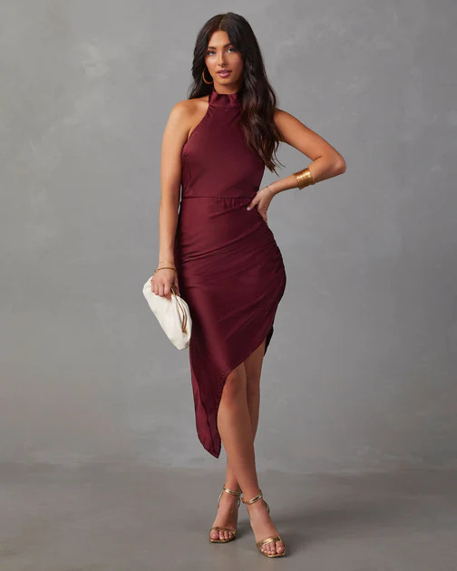 Elmore Mock Neck Ruched Midi Dress - Burgundy | VICI