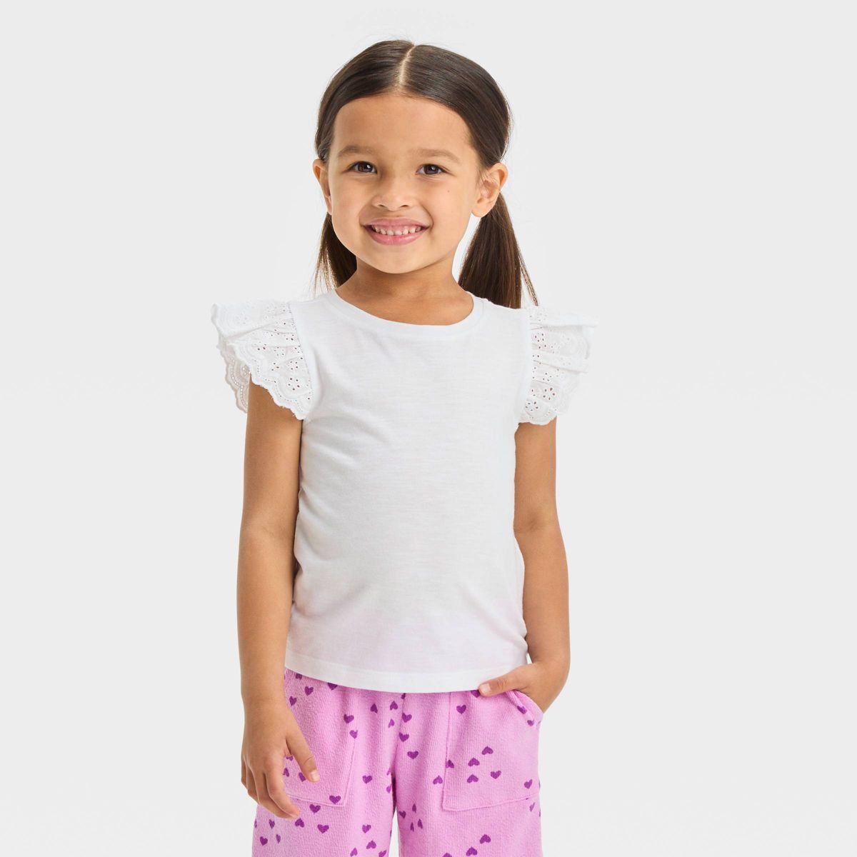Toddler Girls' Eyelet Top - Cat & Jack™ White 4T: Ruffle Sleeves, Jersey Crewneck, Short Sleeve... | Target