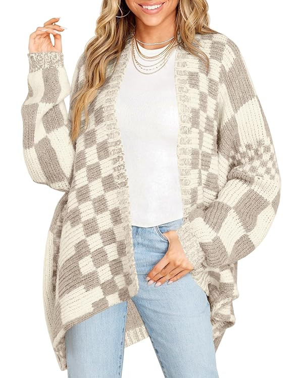 Saodimallsu Womens Checkered Sweater Color Block Plaid Cardigans Oversized Long Sleeve Knit Open ... | Amazon (US)