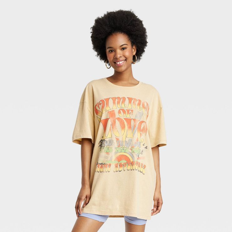 Women's Summer of Love Short Sleeve Oversized Graphic T-Shirt Dress - Yellow | Target
