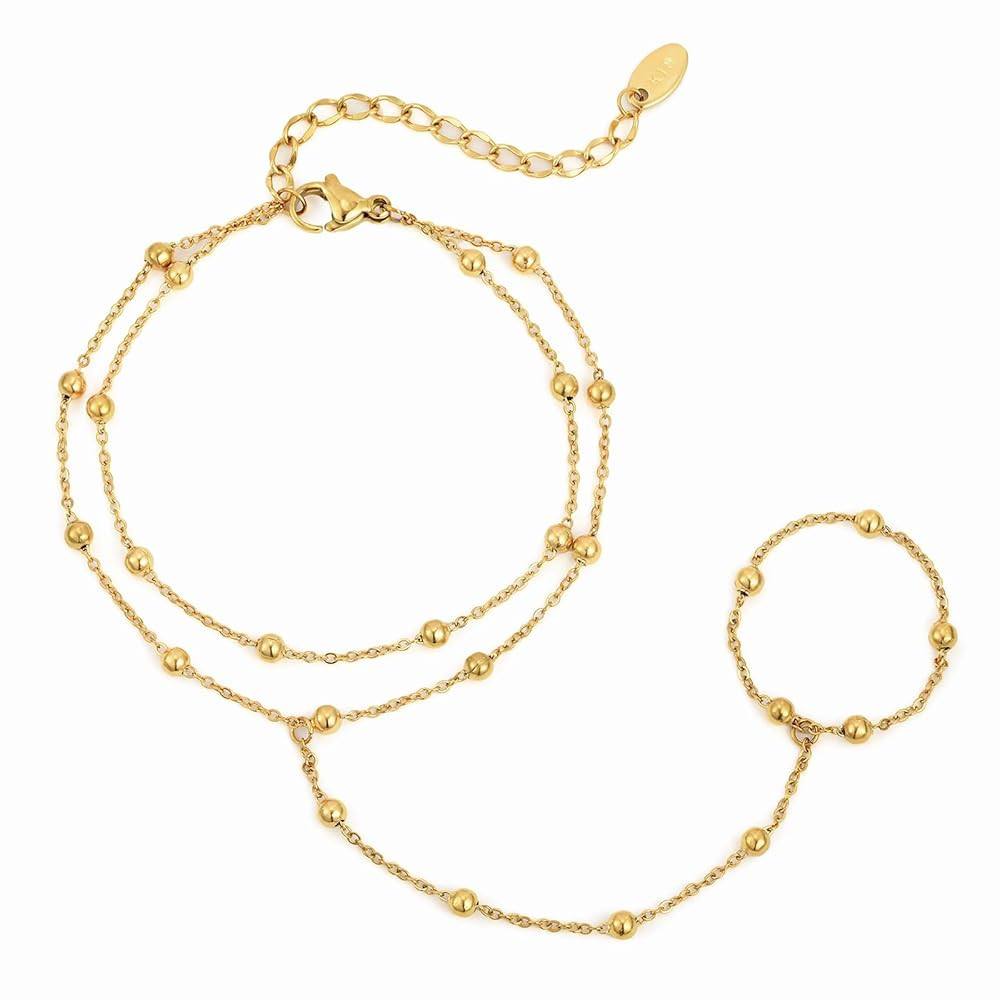 Gold Bracelets Jewelry for Women - 18K Gold Plated Hand Chain Ring Bracelet,Adjustable Dainty Cha... | Amazon (US)