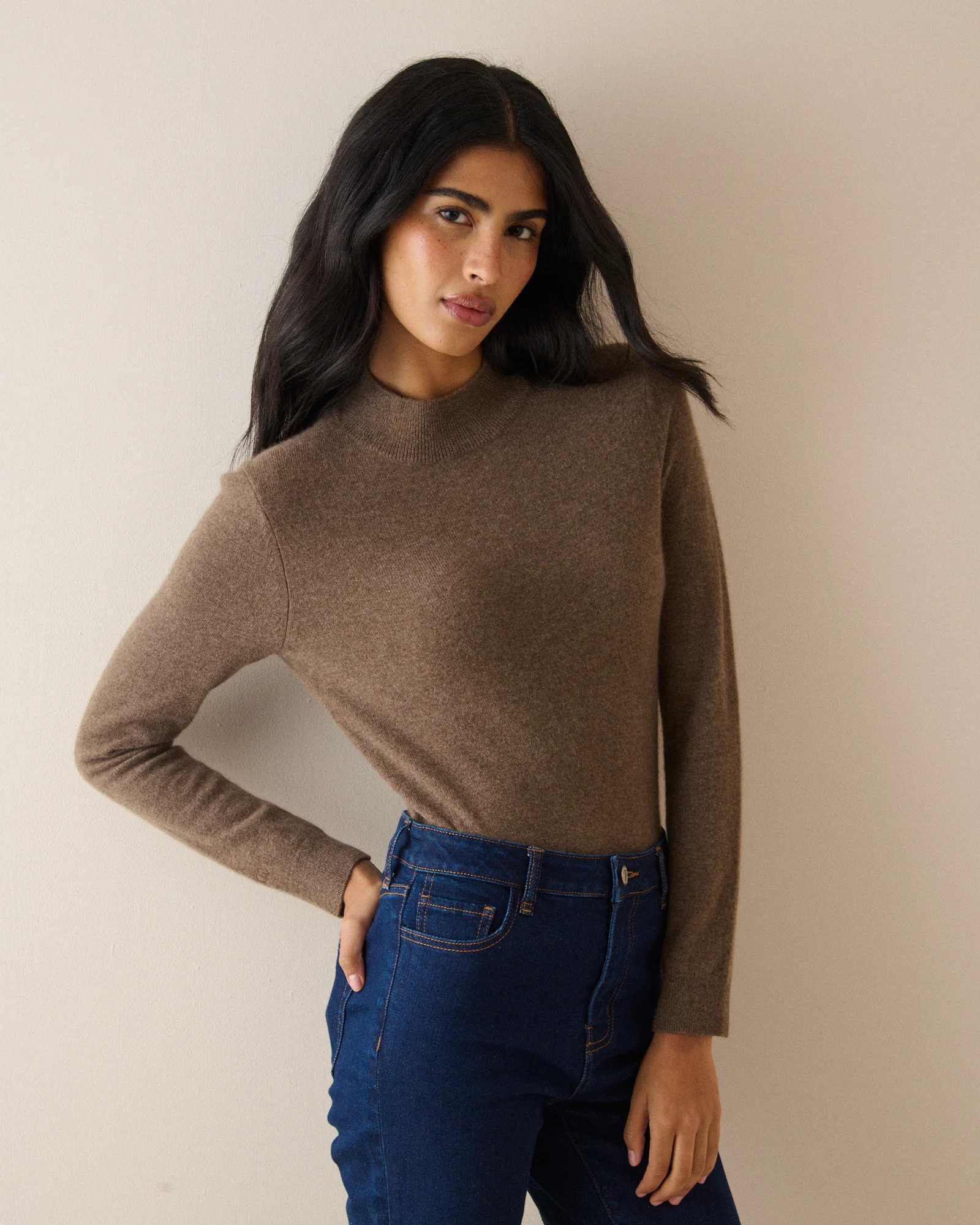 Brown Cashmere Funnel Neck Jumper | Nobody's Child