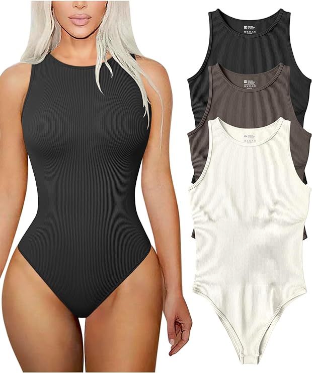 TOB Women's 3 Piece Bodysuits Sexy Ribbed Sleeveless Halter Neck Shapewear Bodysuits | Amazon (US)
