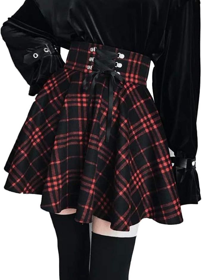 Women's High Waisted Short A-line Flare Gothic Mini Black Red Plaid Pleated Skirt Dress | Amazon (US)