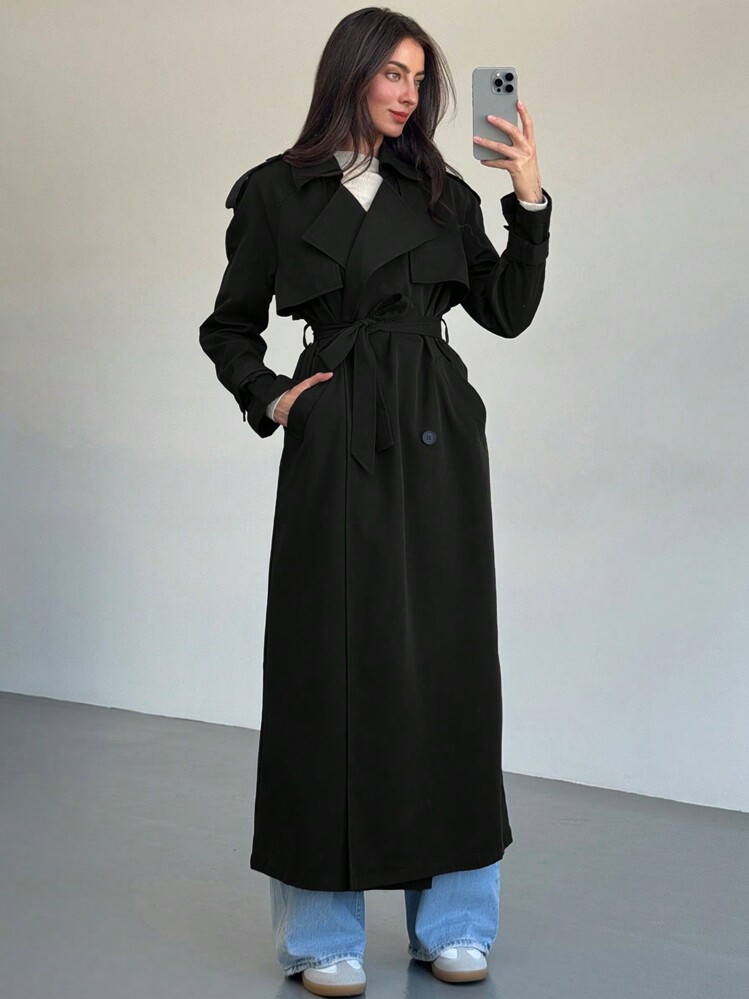 Aloruh Black Mid-Length Long-Sleeved Trench Coat Commuting Simplification Academy Formal Occasion, Special Occasion Elegant Comfortable Casual Outfit | SHEIN