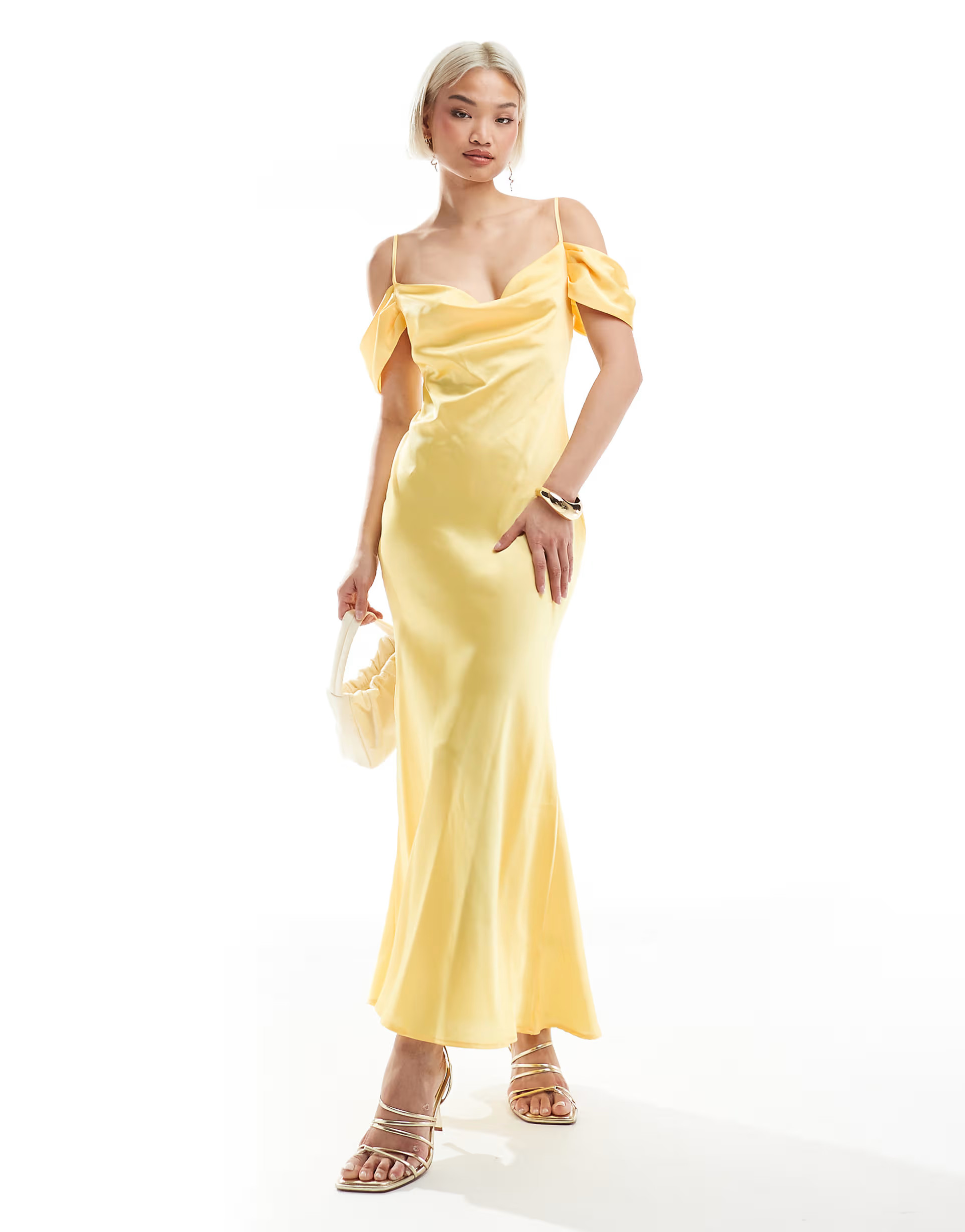 New Look bardot satin midaxi dress in yellow | ASOS (Global)